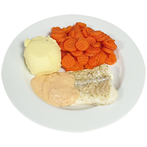 Kabeljauwfilet gepocheerd Veron vissaus Wortelschijfjes Aardappelpuree